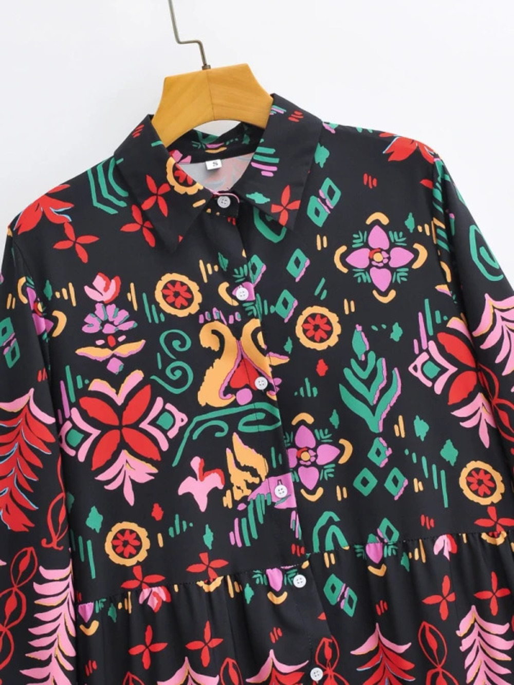 Spring Black Printed Long Sleeve Shirt Dress
